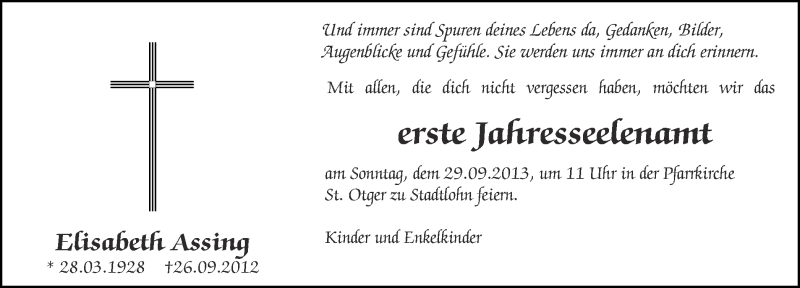  Traueranzeige für Elisabeth Assing vom 25.09.2013 aus Münstersche Zeitung und Münsterland Zeitung
