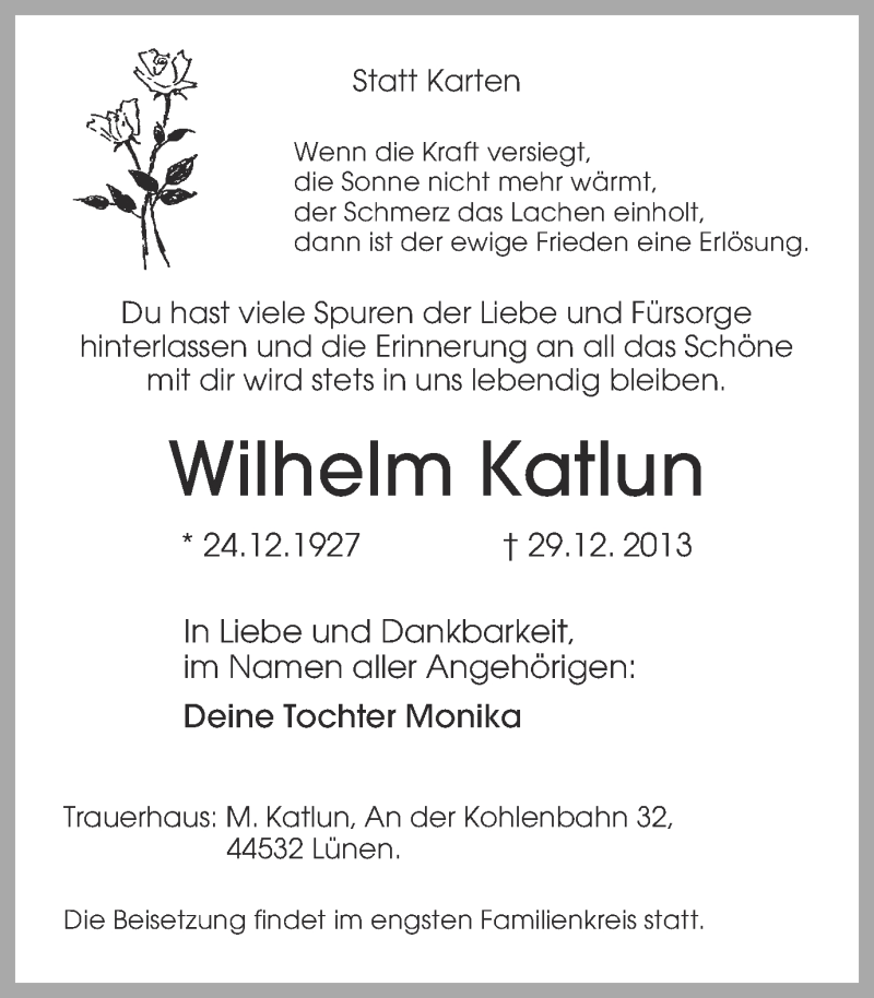  Traueranzeige für Wilhelm Katlun vom 04.01.2014 aus Ruhr Nachrichten