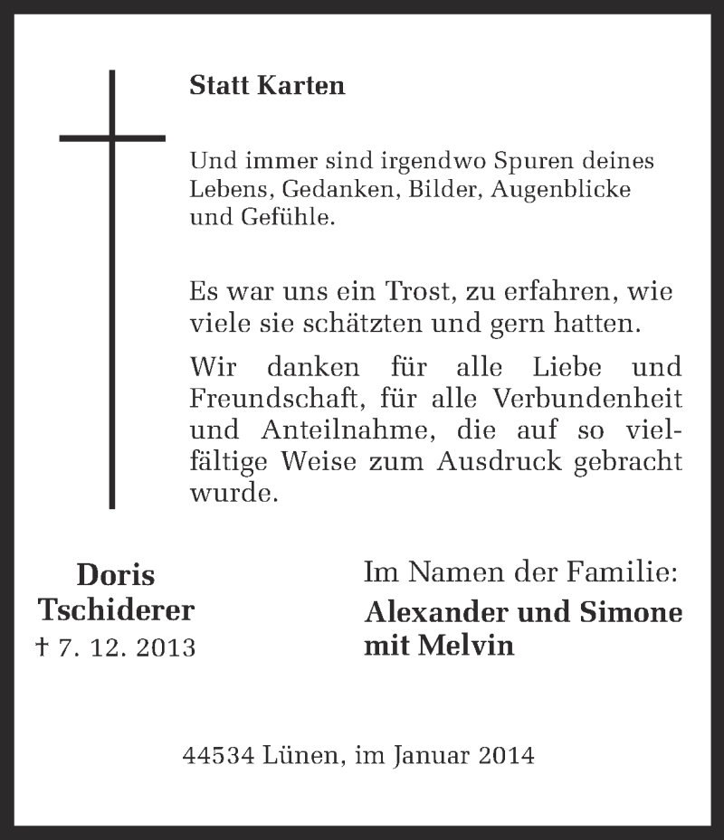  Traueranzeige für Doris Tschiderer vom 08.01.2014 aus Ruhr Nachrichten
