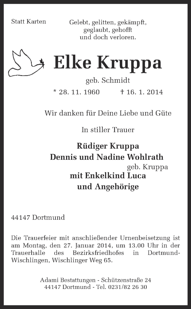  Traueranzeige für Elke Kruppa vom 22.01.2014 aus Ruhr Nachrichten