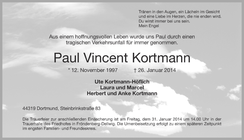  Traueranzeige für Paul Vincent Kortmann vom 29.01.2014 aus Ruhr Nachrichten