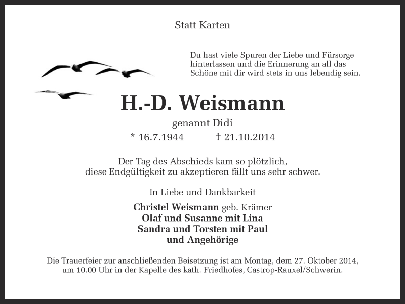  Traueranzeige für H.-D. Weismann vom 23.10.2014 aus Ruhr Nachrichten