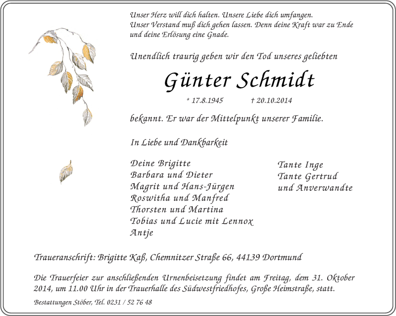  Traueranzeige für Günter Schmidt vom 25.10.2014 aus Ruhr Nachrichten