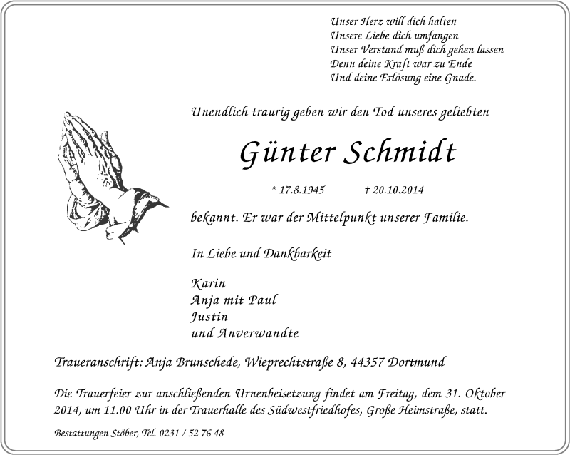  Traueranzeige für Günter Schmidt vom 24.10.2014 aus Ruhr Nachrichten