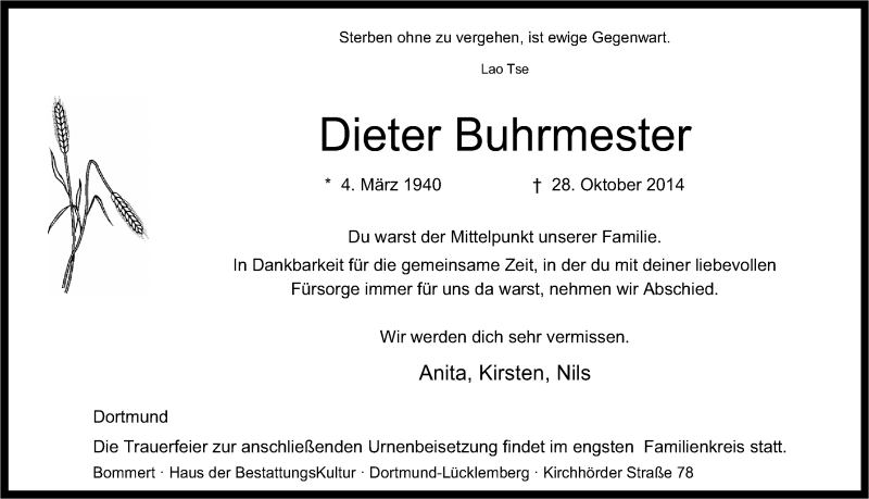  Traueranzeige für Dieter Buhrmester vom 01.11.2014 aus Ruhr Nachrichten