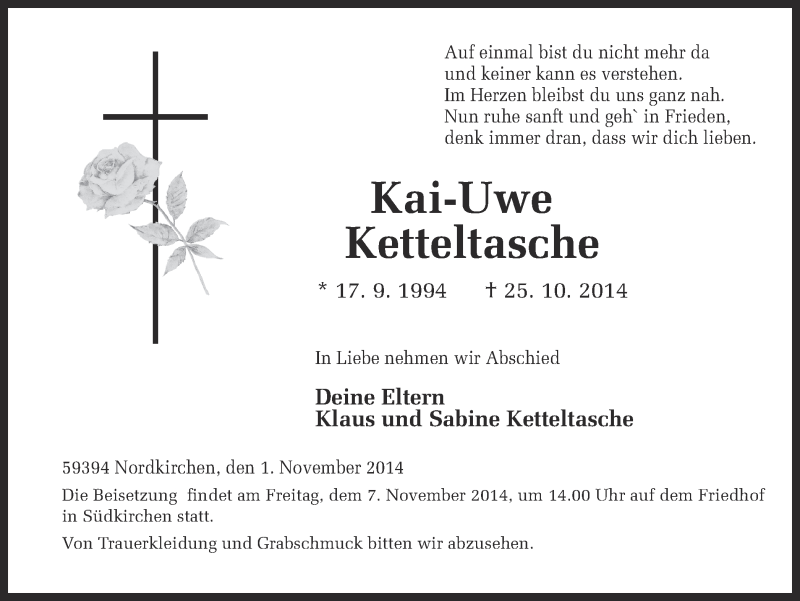  Traueranzeige für Kai-Uwe Ketteltasche vom 01.11.2014 aus Ruhr Nachrichten