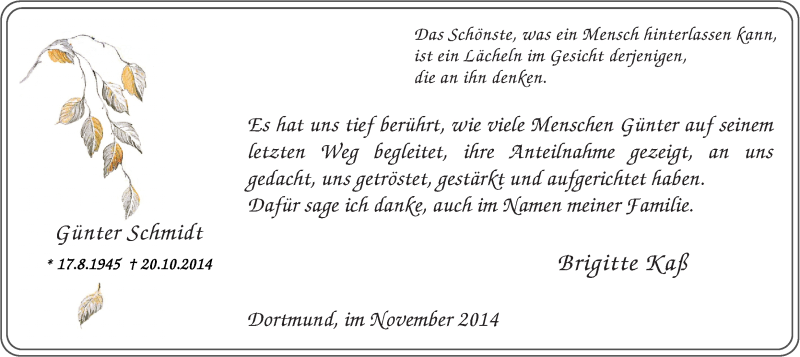  Traueranzeige für Günter Schmidt vom 22.11.2014 aus Ruhr Nachrichten