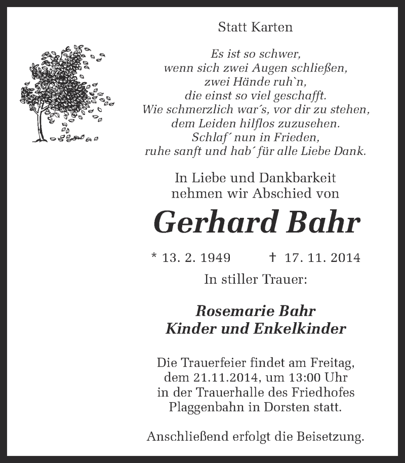  Traueranzeige für Gerhard Bahr vom 19.11.2014 aus Ruhr Nachrichten und Dorstener Zeitung