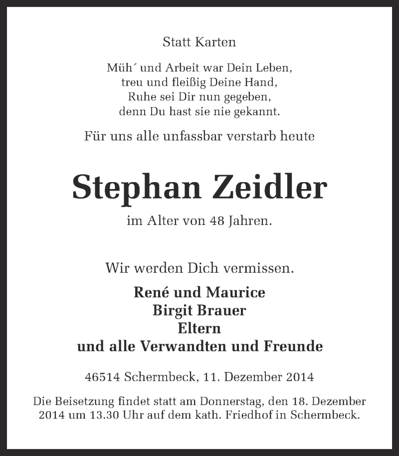  Traueranzeige für Stephan Zeidler vom 15.12.2014 aus Ruhr Nachrichten und Dorstener Zeitung