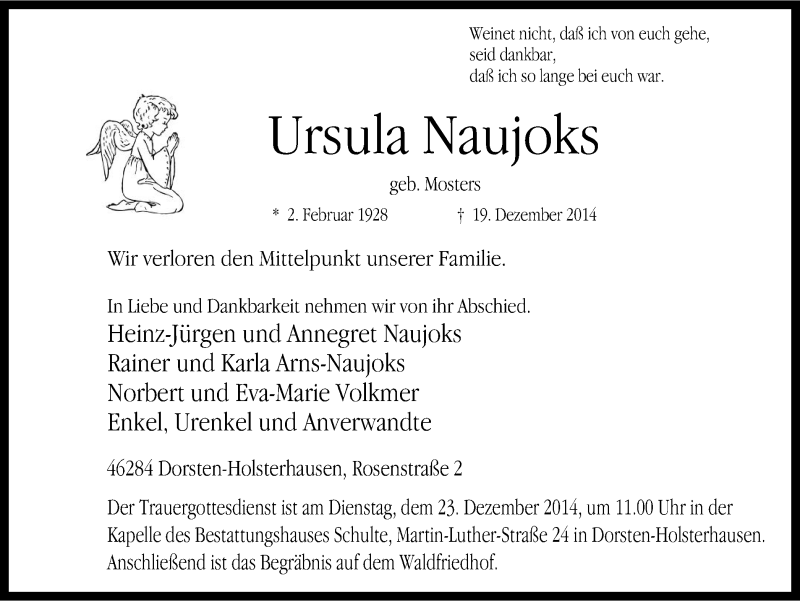  Traueranzeige für Ursula Naujoks vom 22.12.2014 aus Ruhr Nachrichten und Dorstener Zeitung