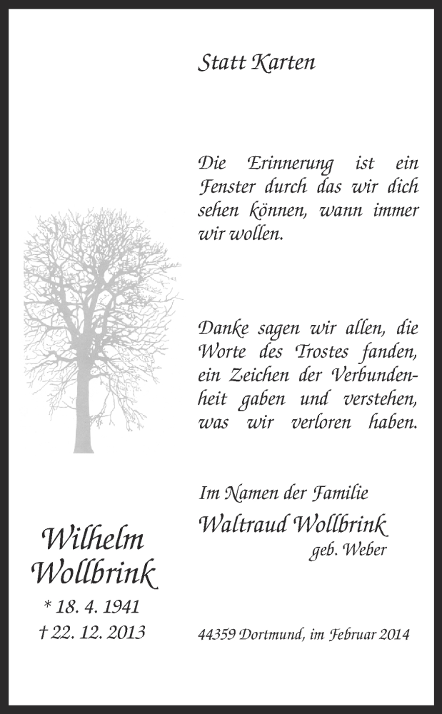  Traueranzeige für Wilhelm Wollbrink vom 01.02.2014 aus Ruhr Nachrichten