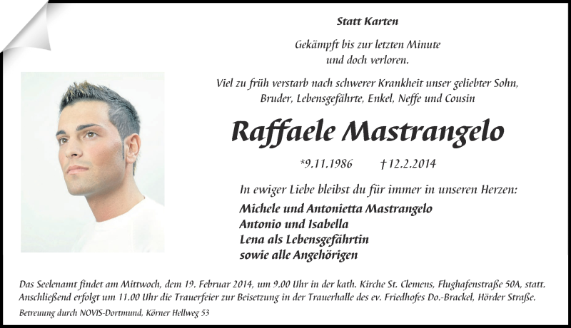  Traueranzeige für Raffaele Mastrangelo vom 15.02.2014 aus Ruhr Nachrichten