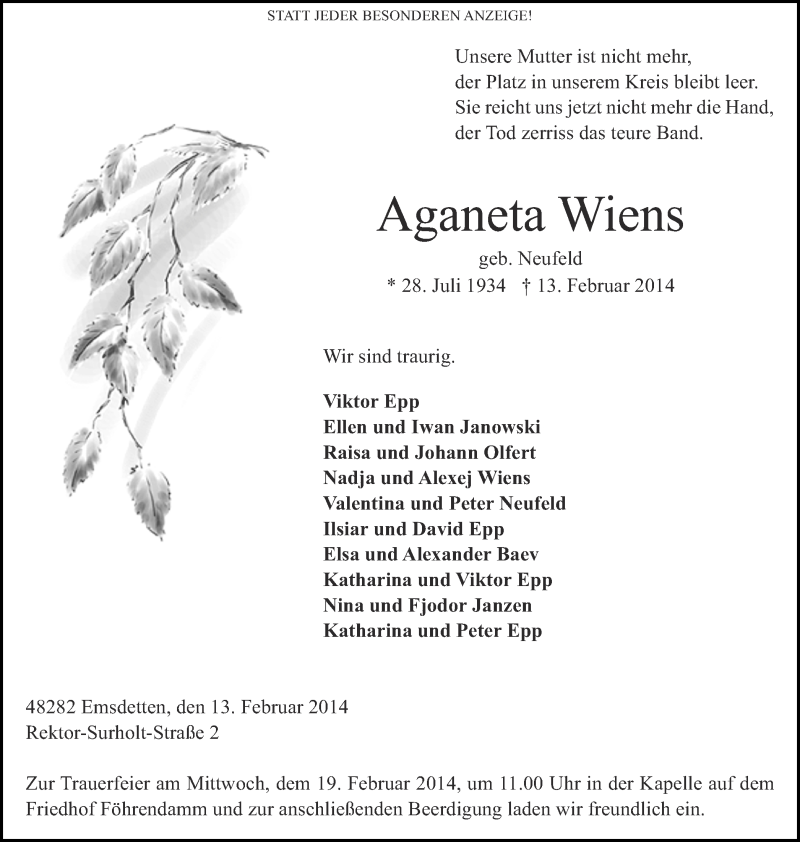  Traueranzeige für Aganeta Wiens vom 17.02.2014 aus 