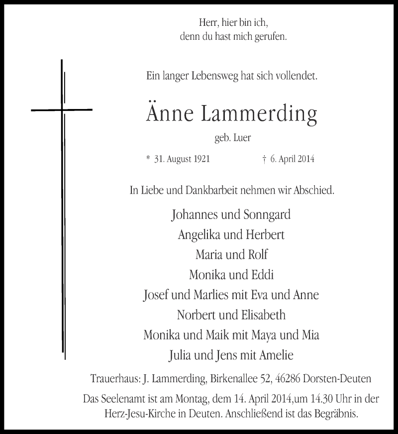  Traueranzeige für Änne Lammerding vom 10.04.2014 aus Ruhr Nachrichten und Dorstener Zeitung