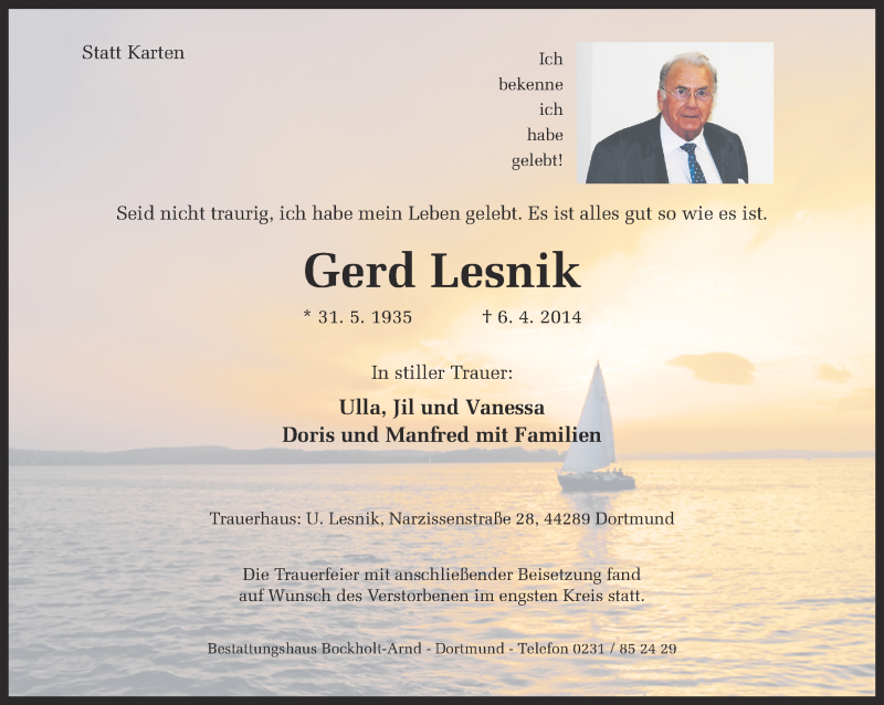  Traueranzeige für Gerd Lesnik vom 12.04.2014 aus Ruhr Nachrichten