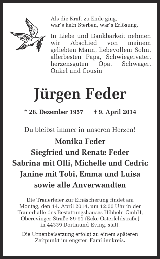  Traueranzeige für Jürgen Feder vom 11.04.2014 aus Ruhr Nachrichten