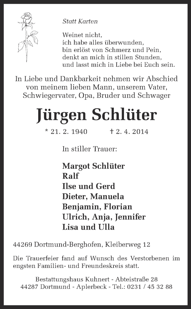  Traueranzeige für Jürgen Schlüter vom 16.04.2014 aus Ruhr Nachrichten