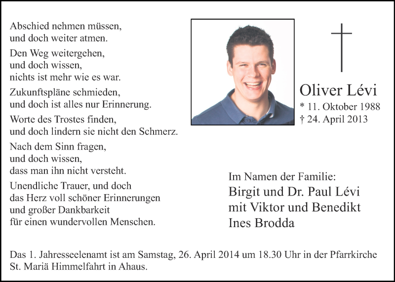  Traueranzeige für Oliver Levi vom 22.04.2014 aus Münstersche Zeitung und Münsterland Zeitung