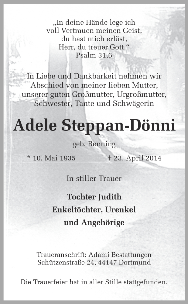  Traueranzeige für Adele Steppan-Dönni vom 03.05.2014 aus Ruhr Nachrichten