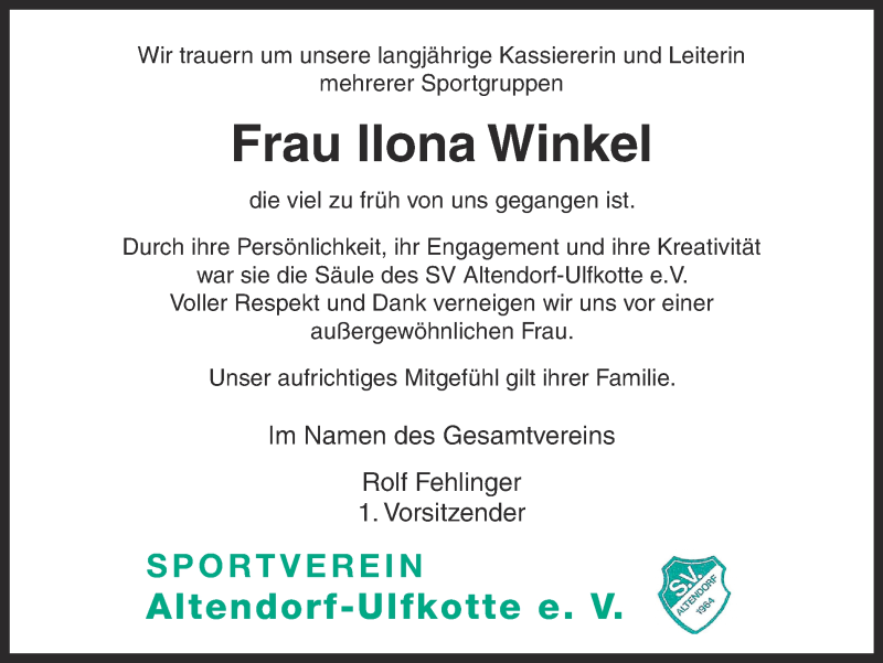  Traueranzeige für Ilona Winkel vom 27.05.2014 aus Ruhr Nachrichten und Dorstener Zeitung