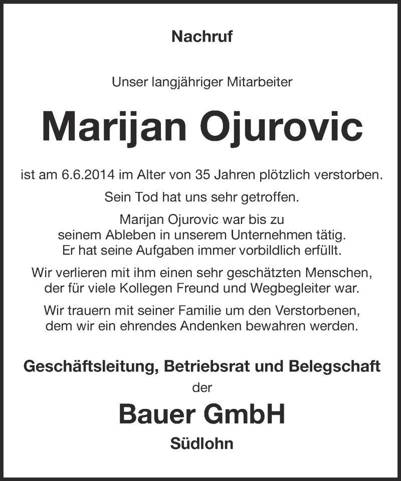  Traueranzeige für Marijan Ojurovic vom 12.06.2014 aus Münstersche Zeitung und Münsterland Zeitung