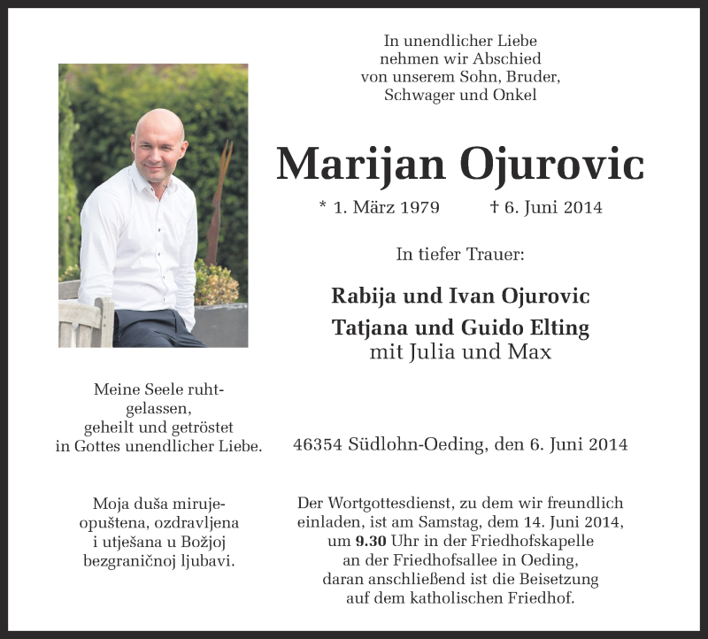  Traueranzeige für Marijan Ojurovic vom 12.06.2014 aus Münstersche Zeitung und Münsterland Zeitung