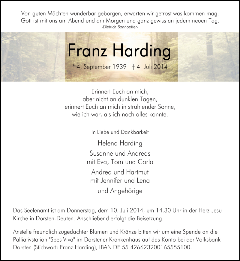 Traueranzeige für Franz Harding vom 08.07.2014 aus Ruhr Nachrichten und Dorstener Zeitung