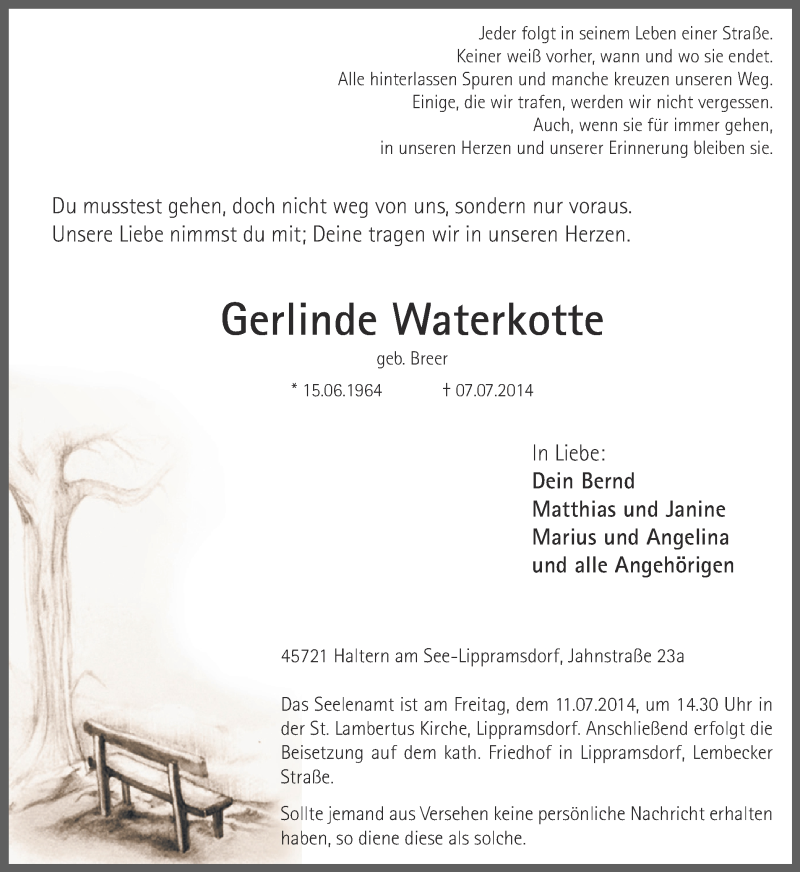  Traueranzeige für Gerlinde Waterkotte vom 09.07.2014 aus Ruhr Nachrichten und Halterner Zeitung