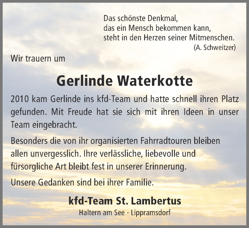  Traueranzeige für Gerlinde Waterkotte vom 10.07.2014 aus Ruhr Nachrichten und Halterner Zeitung