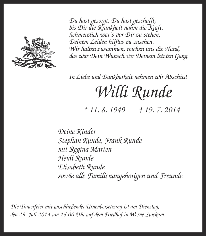  Traueranzeige für Willi Runde vom 23.07.2014 aus Ruhr Nachrichten