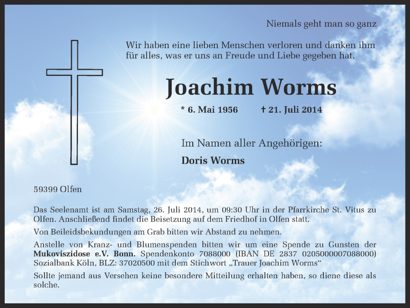  Traueranzeige für Joachim Worms vom 23.07.2014 aus Ruhr Nachrichten