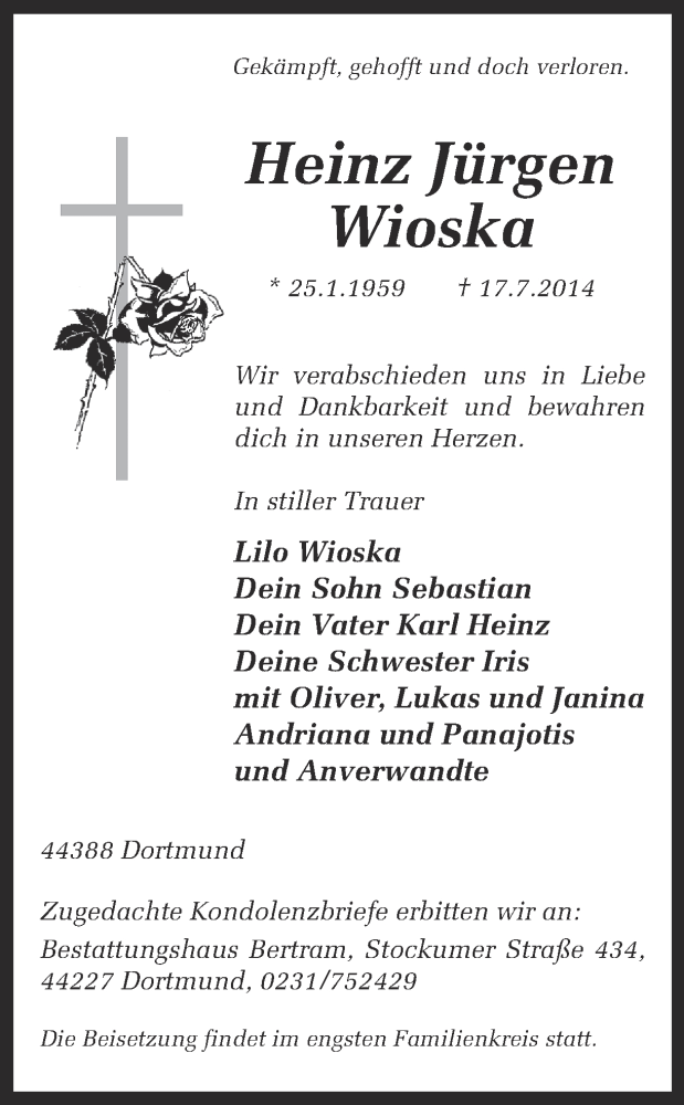  Traueranzeige für Heinz Jürgen Wioska vom 23.07.2014 aus Ruhr Nachrichten