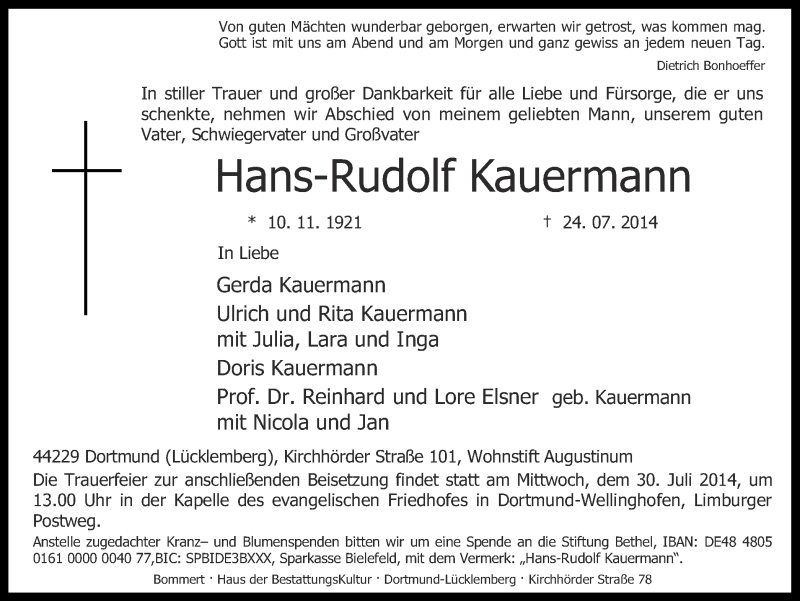  Traueranzeige für Hans-Rudolf Kauermann vom 26.07.2014 aus Ruhr Nachrichten