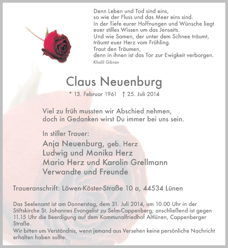  Traueranzeige für Claus Neuenburg vom 29.07.2014 aus Ruhr Nachrichten