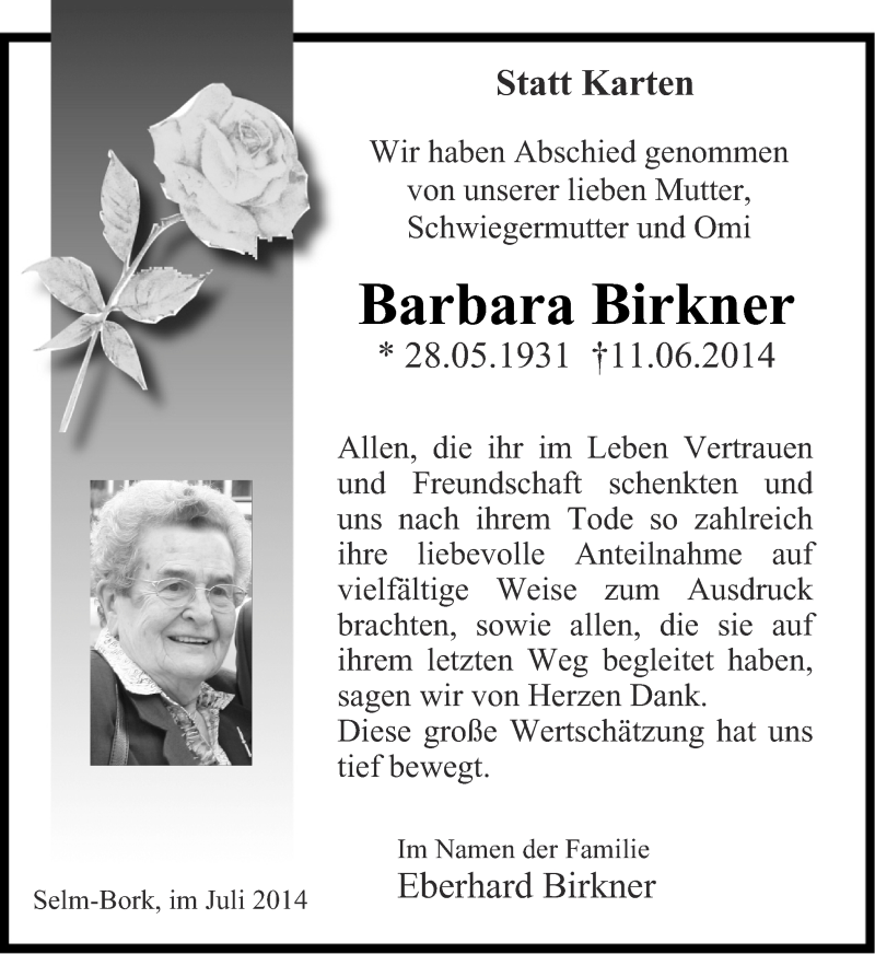  Traueranzeige für Barbara Birkner vom 02.08.2014 aus Ruhr Nachrichten