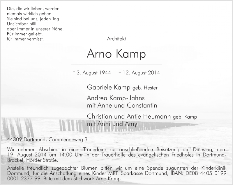  Traueranzeige für Arno Kamp vom 15.08.2014 aus Ruhr Nachrichten