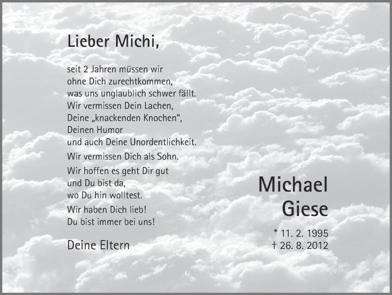  Traueranzeige für Michael Giese vom 26.08.2014 aus Ruhr Nachrichten und Dorstener Zeitung