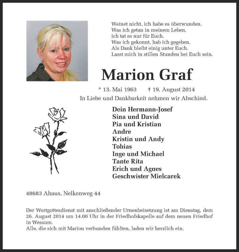  Traueranzeige für Marion Graf vom 23.08.2014 aus Münstersche Zeitung und Münsterland Zeitung