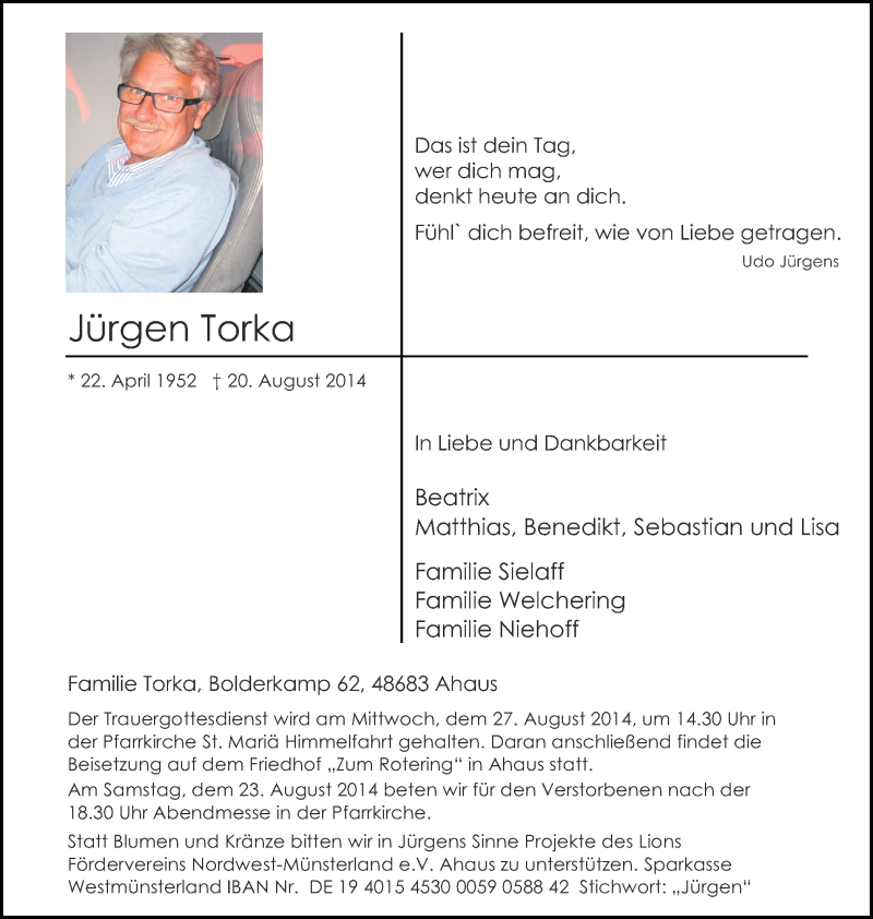  Traueranzeige für Jürgen Torka vom 23.08.2014 aus Münstersche Zeitung und Münsterland Zeitung