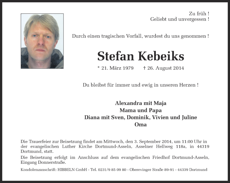  Traueranzeige für Stefan Kebeiks vom 30.08.2014 aus Ruhr Nachrichten
