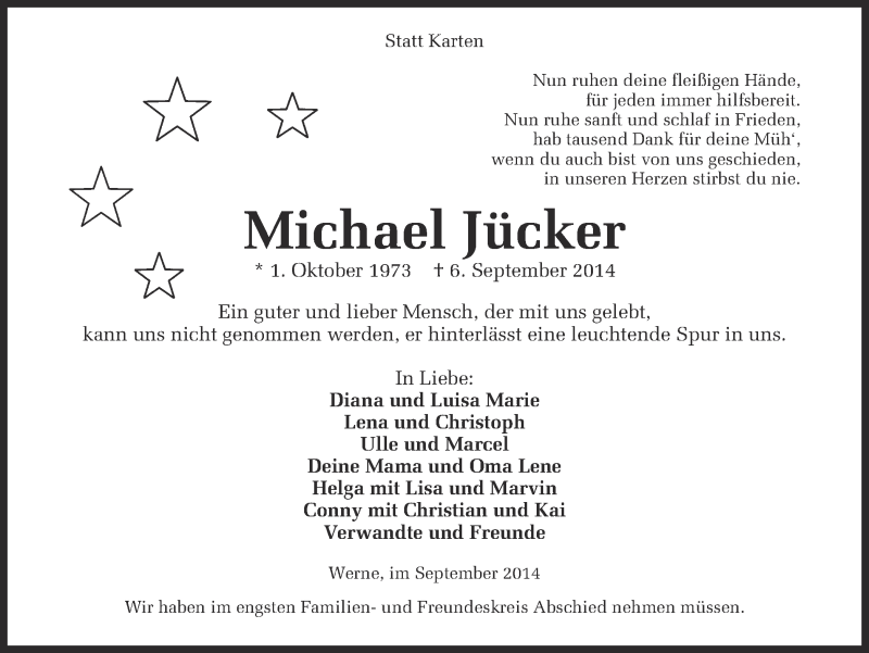  Traueranzeige für Michael Jücker vom 13.09.2014 aus Ruhr Nachrichten