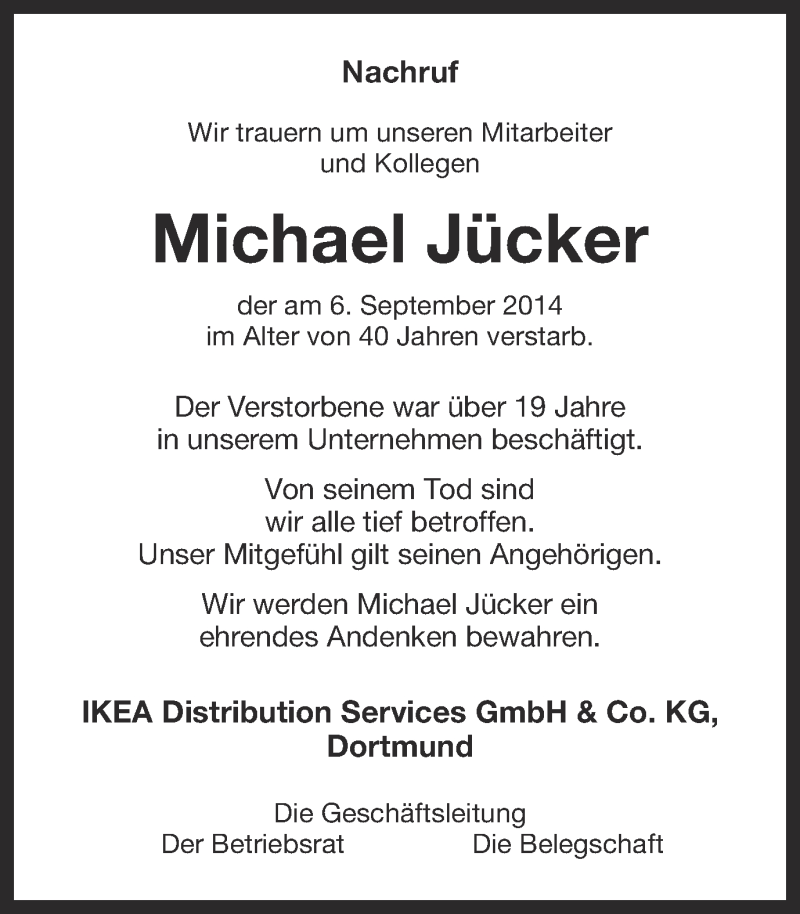  Traueranzeige für Michael Jücker vom 13.09.2014 aus Ruhr Nachrichten