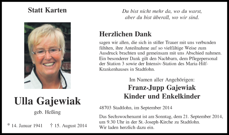  Traueranzeige für Ulla Gajewiak vom 17.09.2014 aus Münstersche Zeitung und Münsterland Zeitung