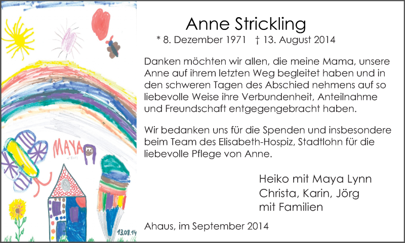  Traueranzeige für Anne Strickling vom 27.09.2014 aus Münstersche Zeitung und Münsterland Zeitung