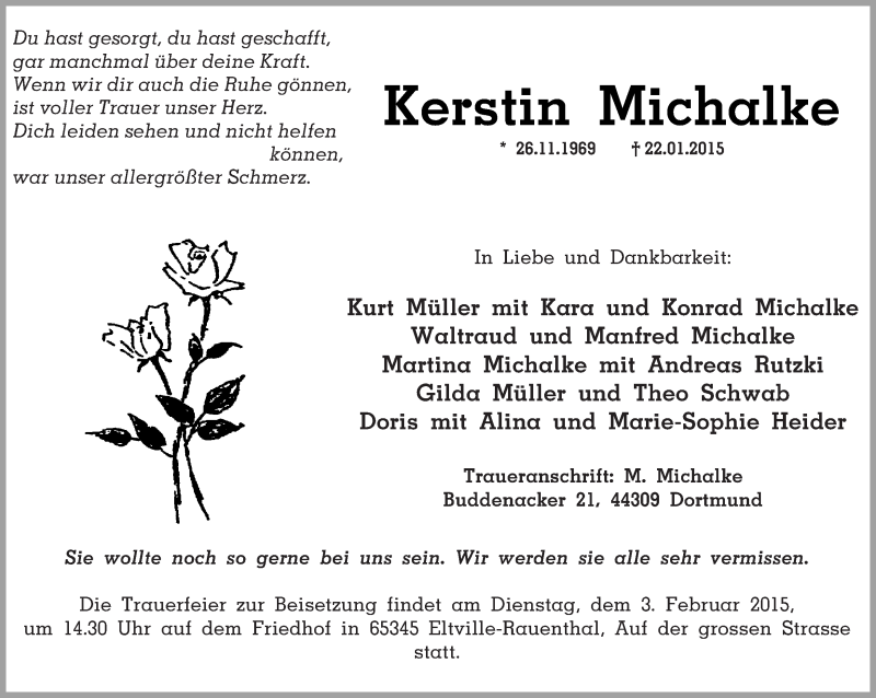  Traueranzeige für Kerstin Michalke vom 28.01.2015 aus Ruhr Nachrichten