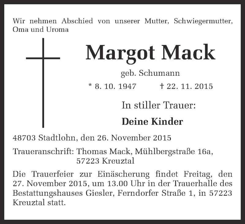  Traueranzeige für Margot Mack vom 26.11.2015 aus Münstersche Zeitung und Münsterland Zeitung