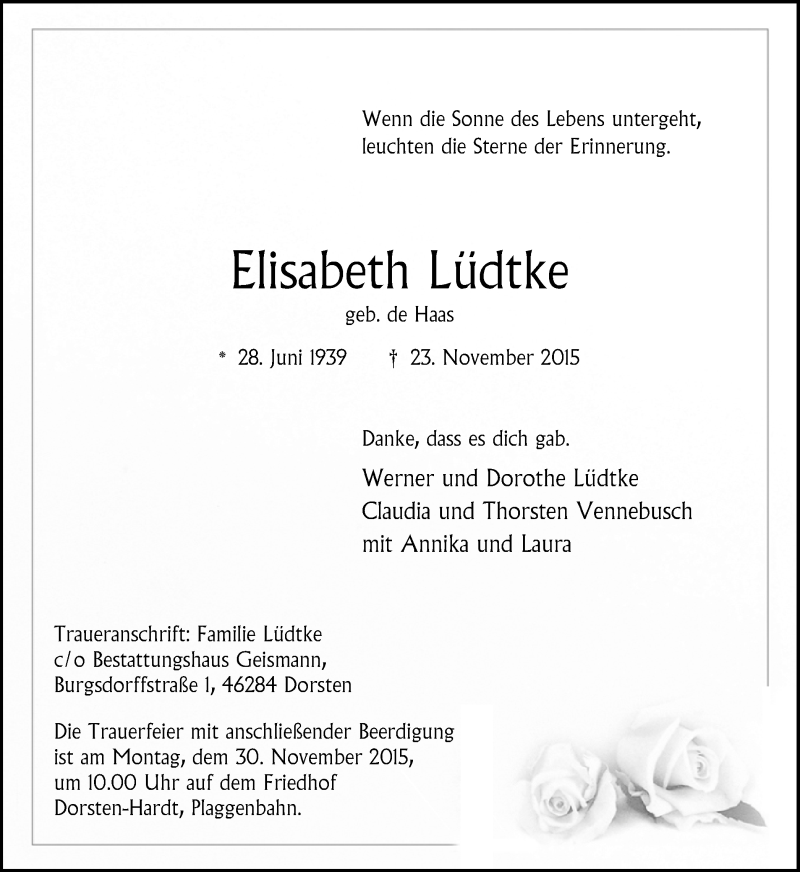  Traueranzeige für Elisabeth Lüdtke vom 26.11.2015 aus Ruhr Nachrichten und Dorstener Zeitung