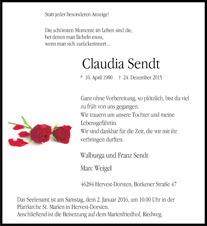  Traueranzeige für Claudia Sendt vom 30.12.2015 aus Ruhr Nachrichten und Dorstener Zeitung