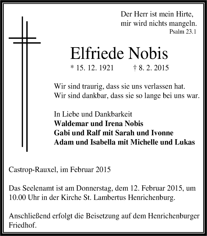  Traueranzeige für Elfriede Nobis vom 10.02.2015 aus Ruhr Nachrichten