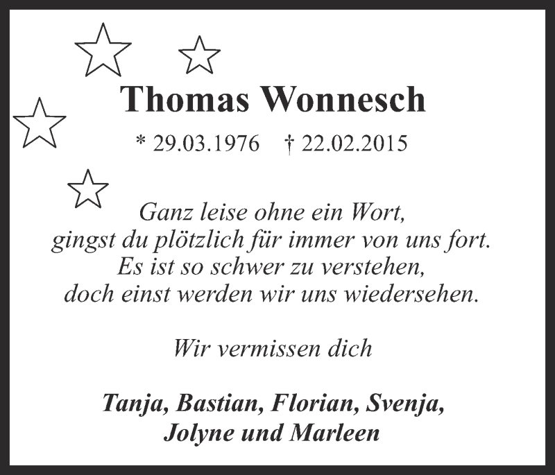 Traueranzeige für Thomas Wonnesch vom 28.02.2015 aus Ruhr Nachrichten und Dorstener Zeitung
